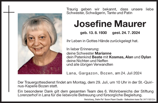 Traueranzeige von Josefine Maurer von Dolomiten