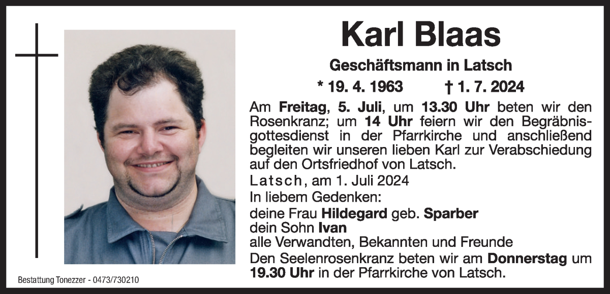  Traueranzeige für Karl Blaas vom 04.07.2024 aus Dolomiten