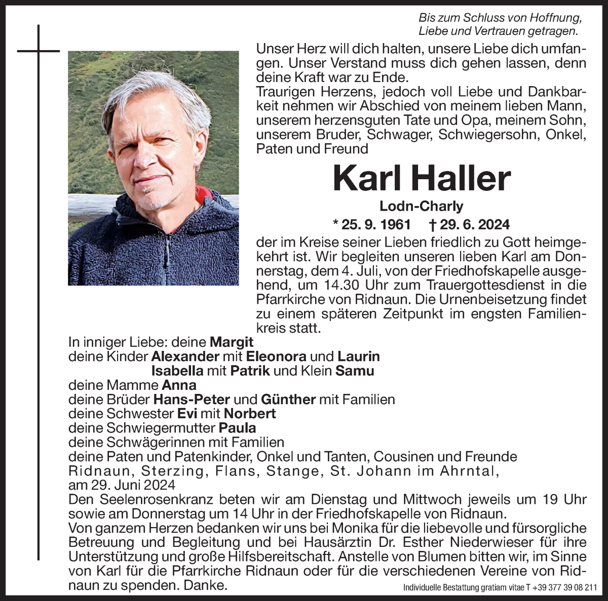 Traueranzeige für Karl Haller vom 01.07.2024 aus Dolomiten