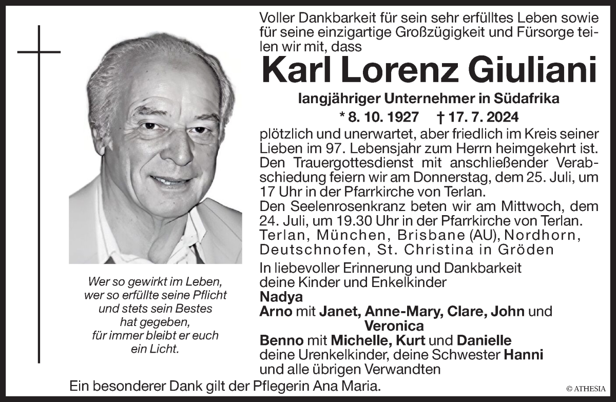  Traueranzeige für Karl Lorenz Giuliani vom 20.07.2024 aus Dolomiten