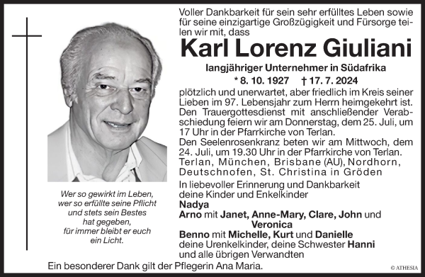 Traueranzeige von Karl Lorenz Giuliani von Dolomiten
