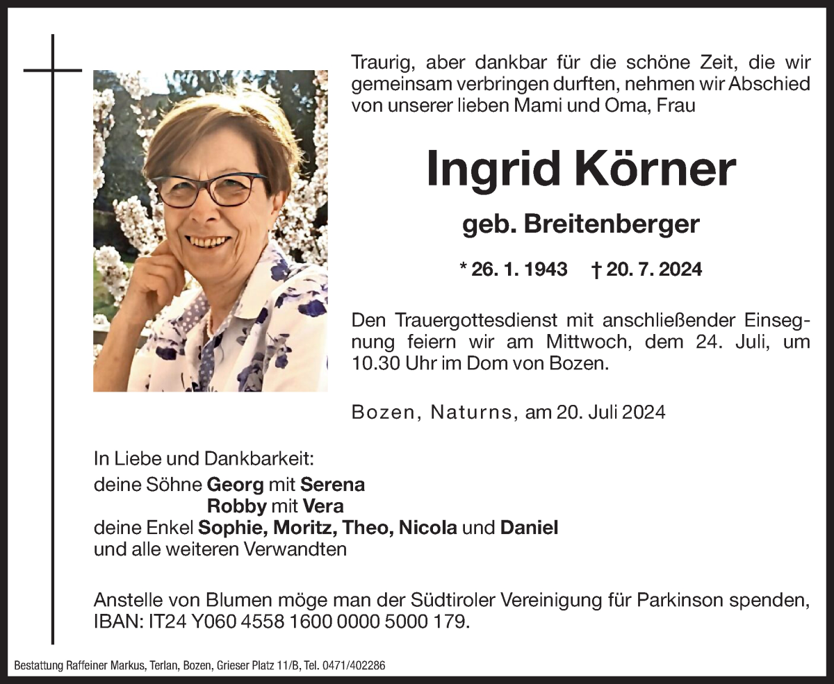  Traueranzeige für Körner Ingrid vom 23.07.2024 aus Dolomiten