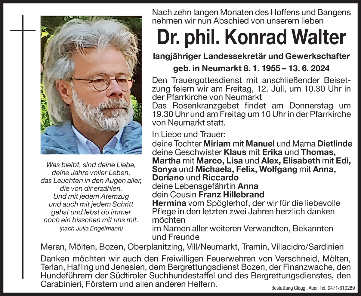  Traueranzeige für Konrad Walter vom 08.07.2024 aus Dolomiten