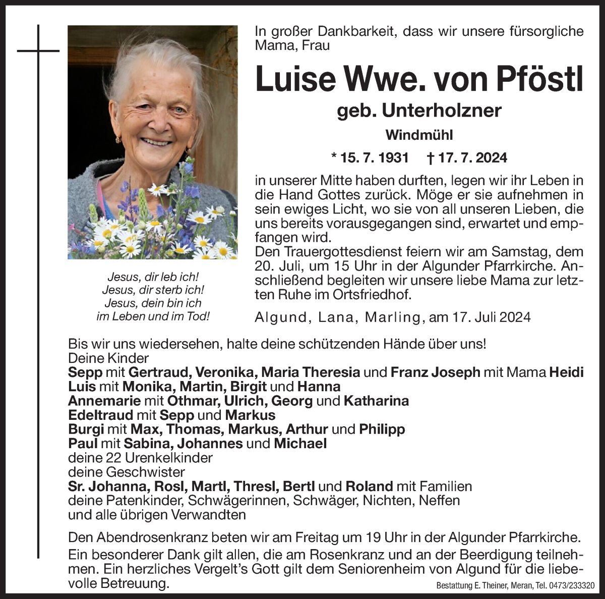  Traueranzeige für Luise von Pföstl vom 19.07.2024 aus Dolomiten