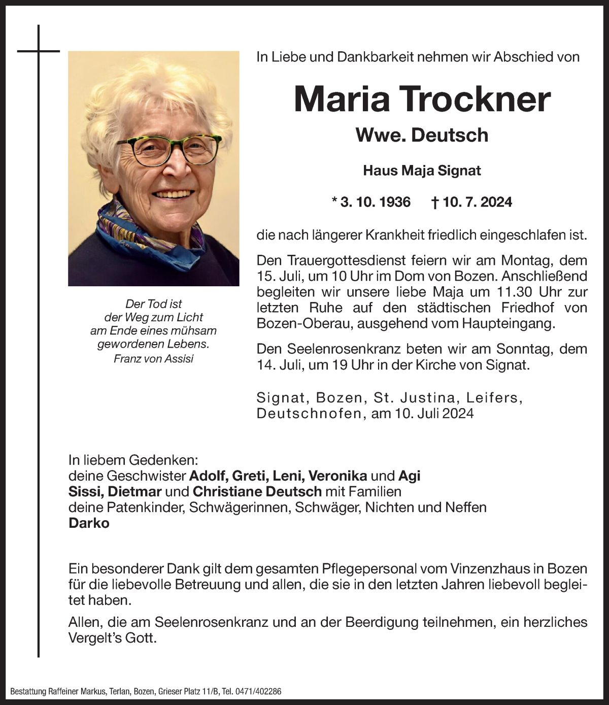  Traueranzeige für Maria Deutsch vom 12.07.2024 aus Dolomiten