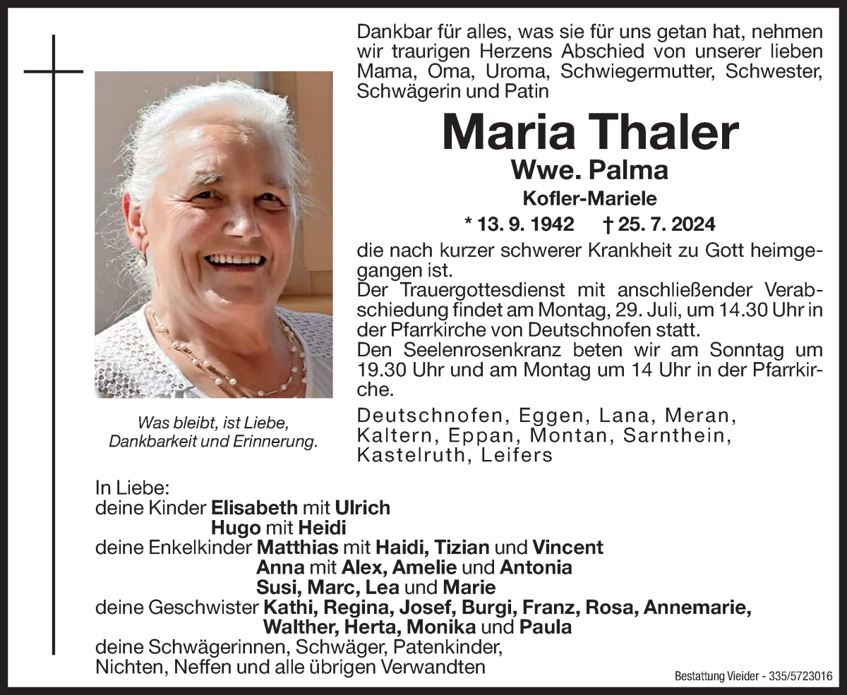  Traueranzeige für Maria Palma vom 27.07.2024 aus Dolomiten