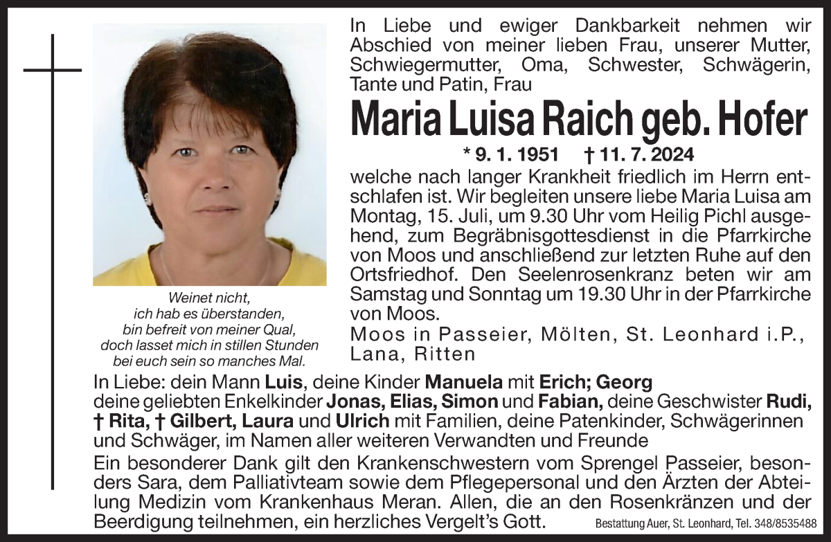  Traueranzeige für Maria Luisa Raich vom 13.07.2024 aus Dolomiten