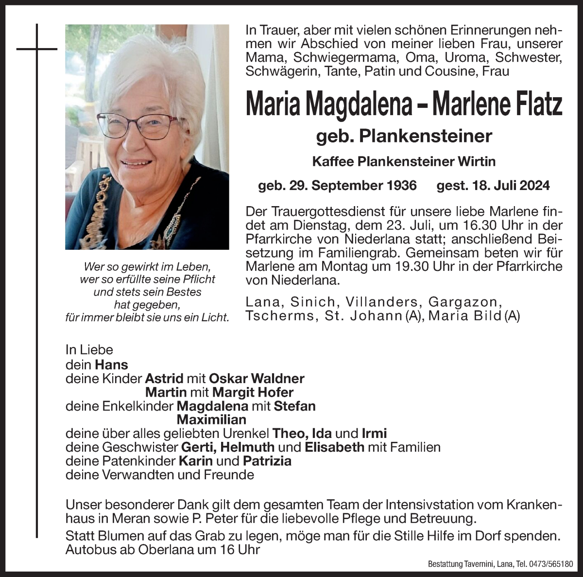  Traueranzeige für Maria Magdalena Flatz vom 20.07.2024 aus Dolomiten