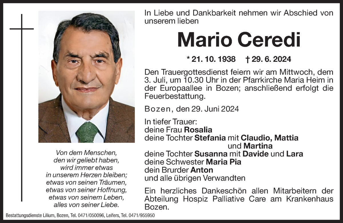  Traueranzeige für Mario Ceredi vom 01.07.2024 aus Dolomiten