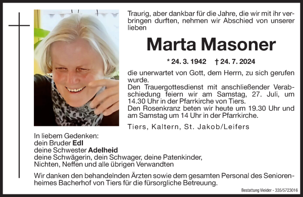Traueranzeige von Marta Masoner von Dolomiten