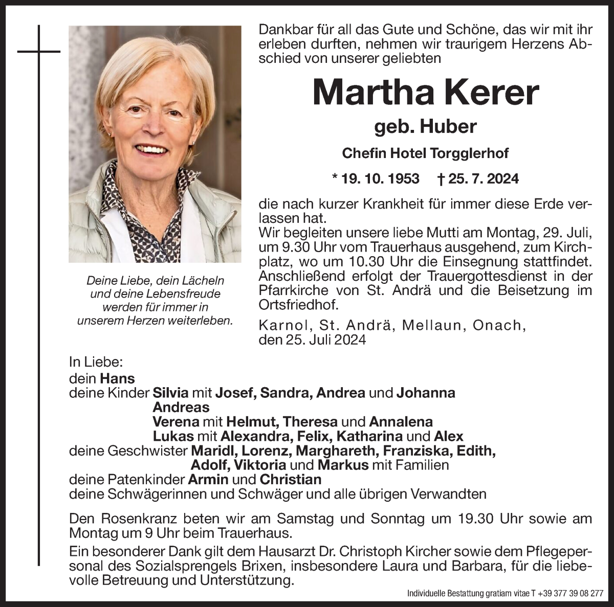  Traueranzeige für Martha Kerer vom 27.07.2024 aus Dolomiten