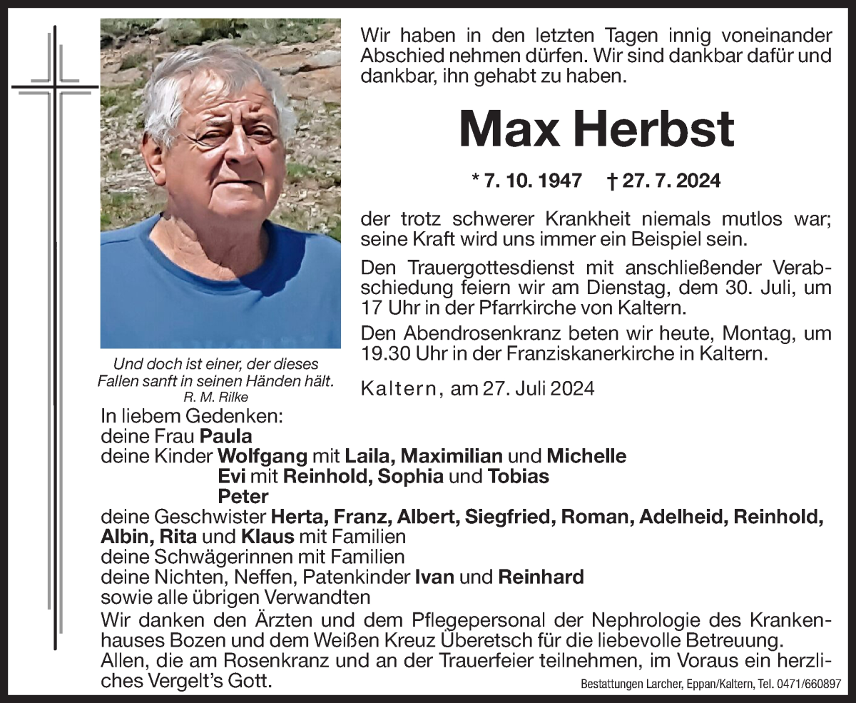  Traueranzeige für Max Herbst vom 29.07.2024 aus Dolomiten