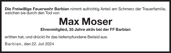 Traueranzeige von Max Moser von Dolomiten