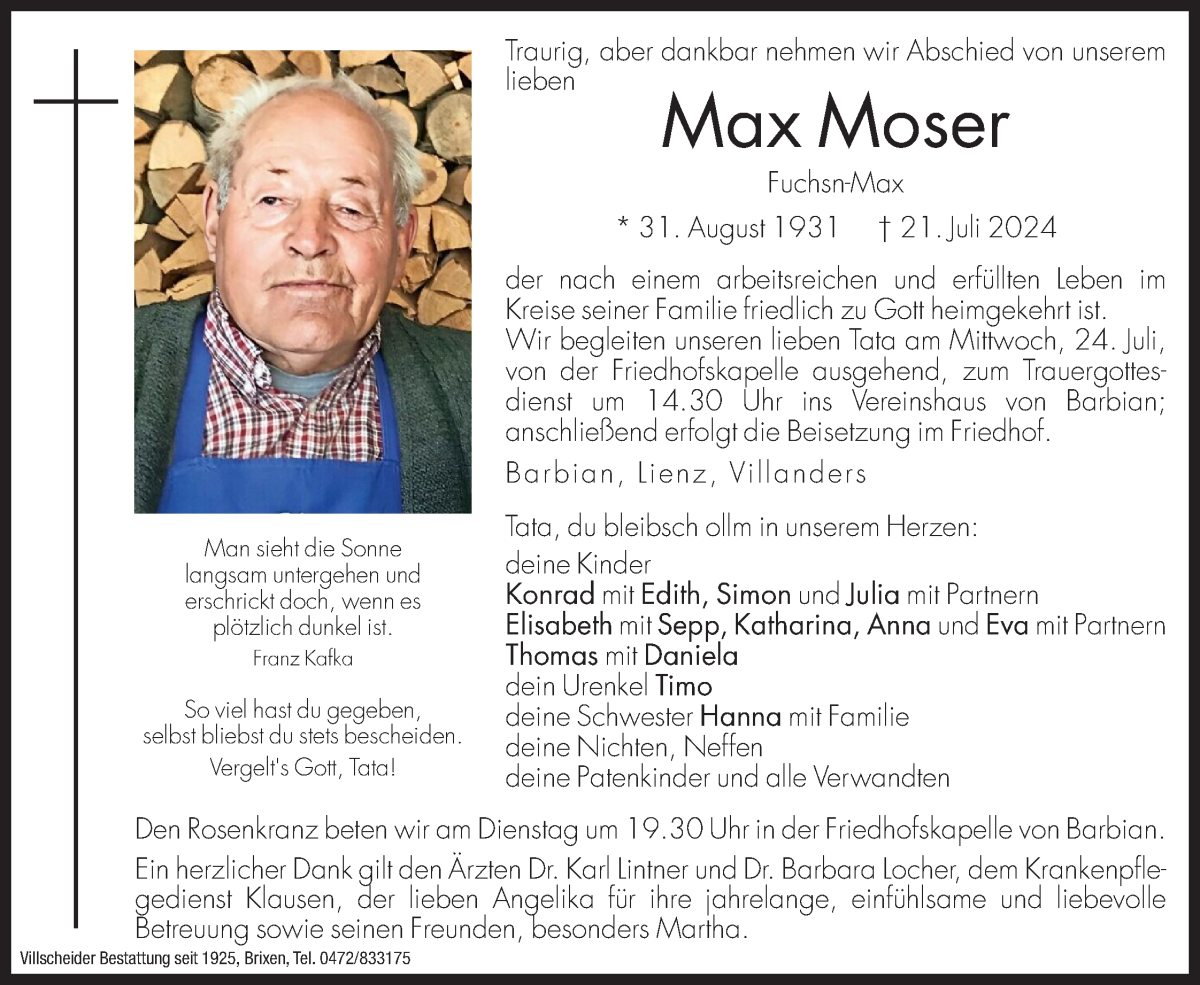  Traueranzeige für Max Moser vom 23.07.2024 aus Dolomiten