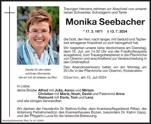 Traueranzeige von Monika Seebacher von Dolomiten