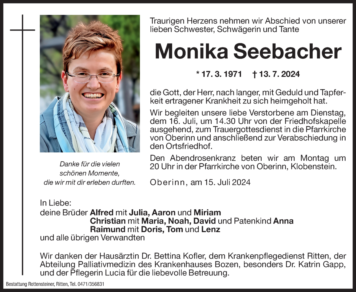  Traueranzeige für Monika Seebacher vom 15.07.2024 aus Dolomiten