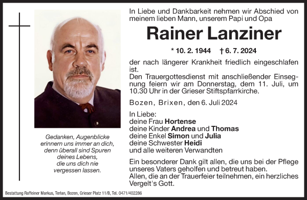 Traueranzeige von Rainer Lanziner von Dolomiten
