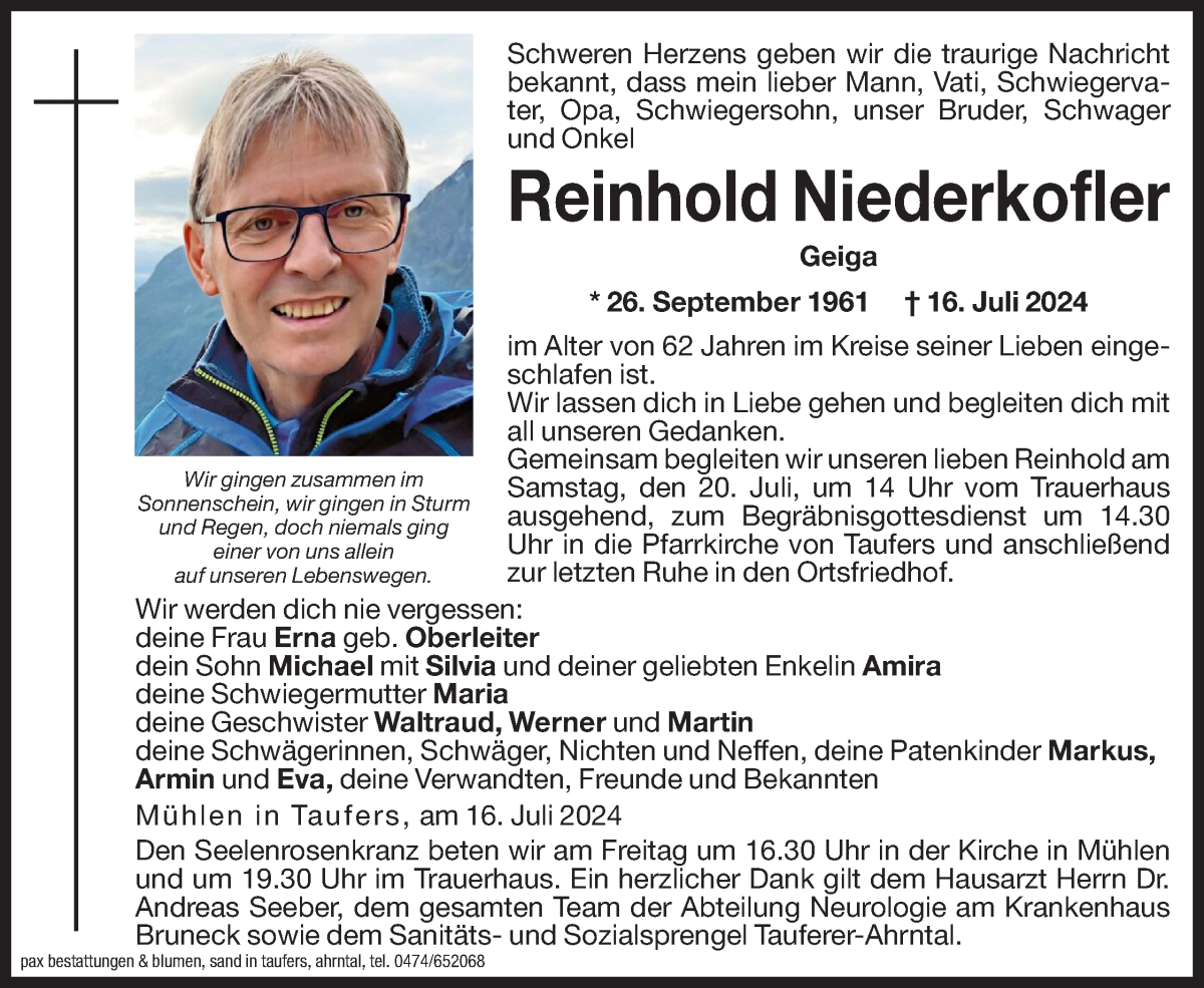  Traueranzeige für Reinhold Niederkofler vom 19.07.2024 aus Dolomiten