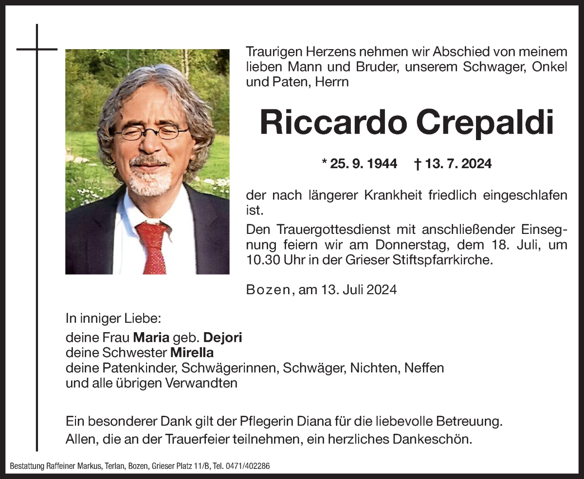  Traueranzeige für Riccardo Crepaldi vom 16.07.2024 aus Dolomiten