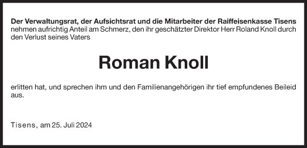 Traueranzeige von Roman Knoll von Dolomiten