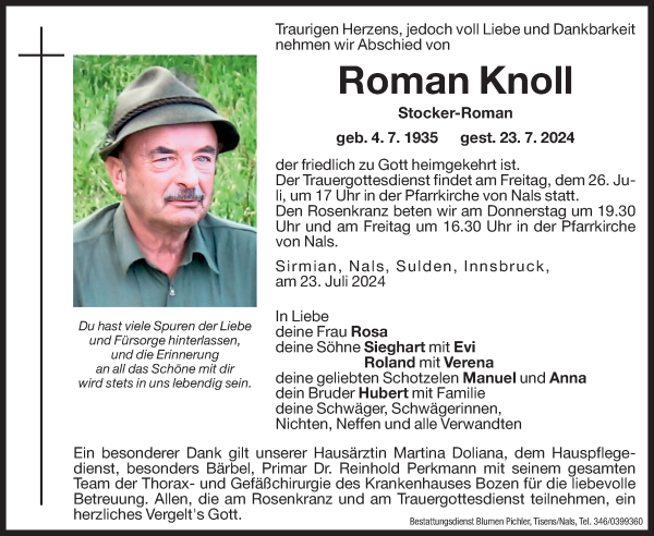 Traueranzeige von Roman Knoll von Dolomiten