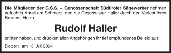 Traueranzeige von Rudolf Haller von Dolomiten