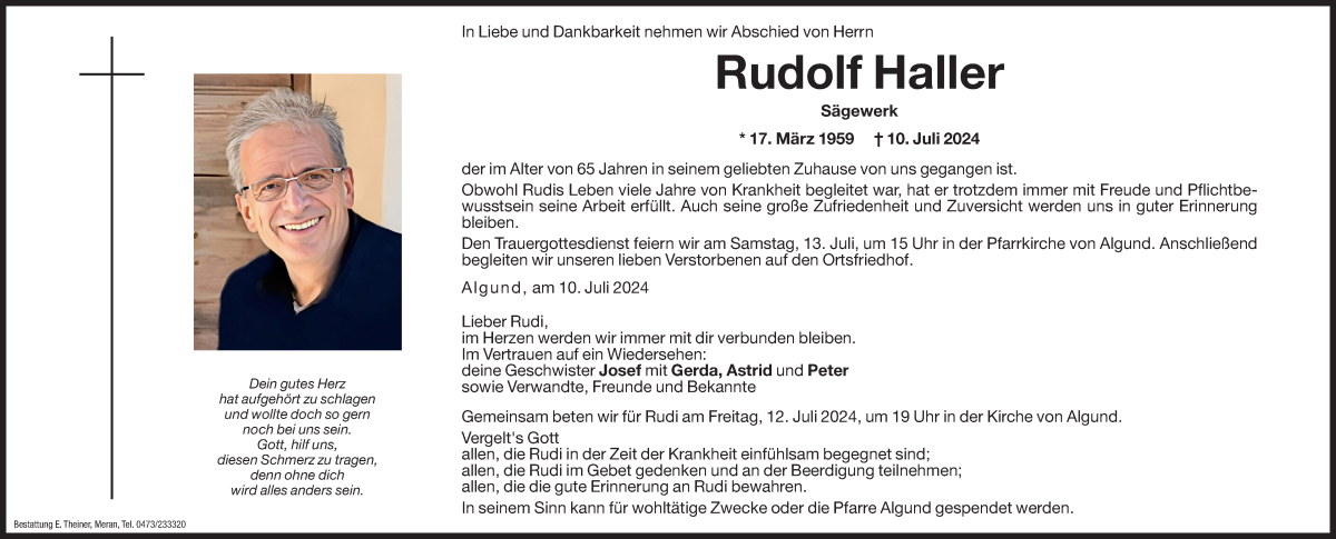  Traueranzeige für Rudolf Haller vom 12.07.2024 aus Dolomiten