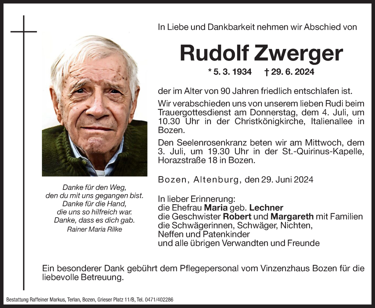  Traueranzeige für Rudolf Zwerger vom 02.07.2024 aus Dolomiten