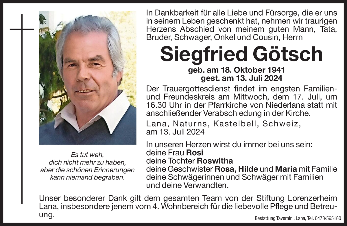  Traueranzeige für Siegfried Götsch vom 16.07.2024 aus Dolomiten