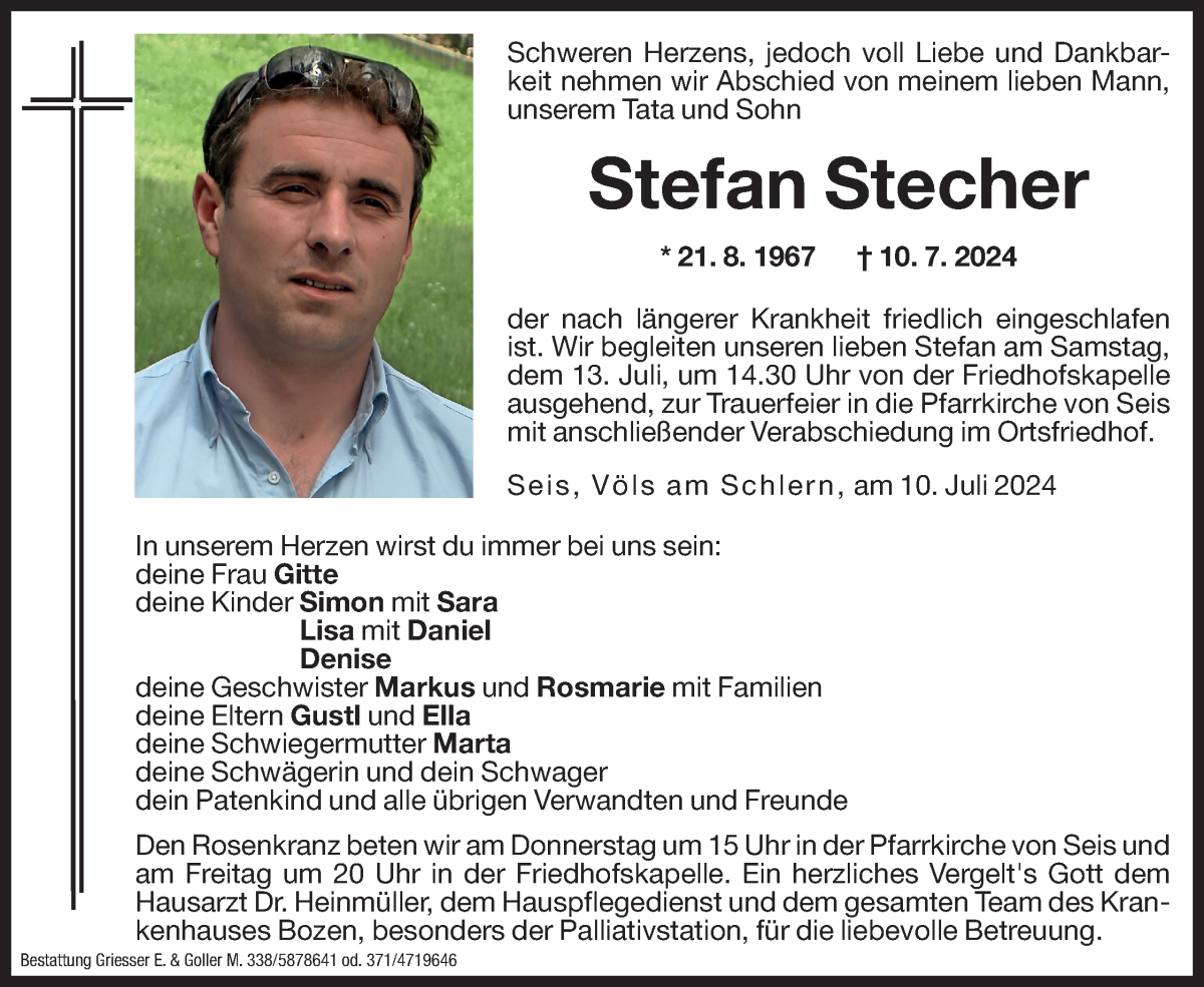  Traueranzeige für Stefan Stecher vom 11.07.2024 aus Dolomiten