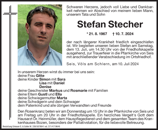 Traueranzeige von Stefan Stecher von Dolomiten