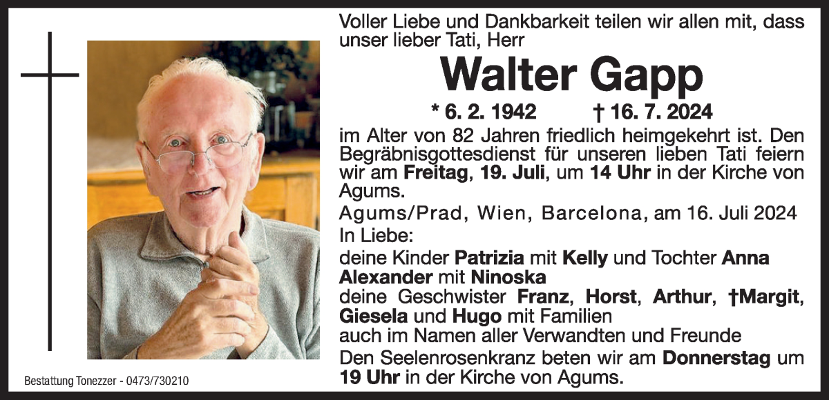  Traueranzeige für Walter Gapp vom 18.07.2024 aus Dolomiten