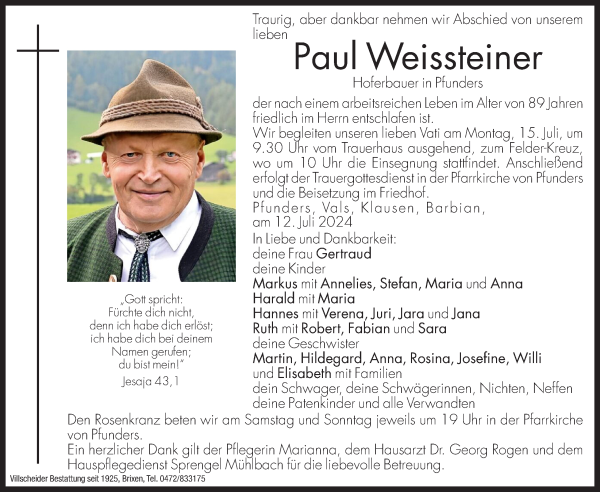 Traueranzeige von Weissteiner Paul von Dolomiten