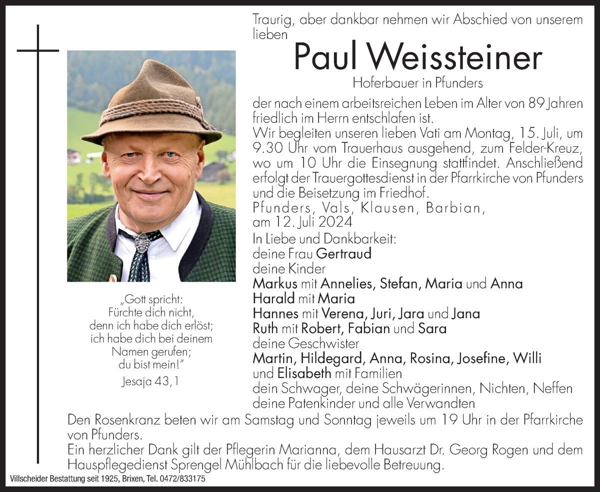  Traueranzeige für Weissteiner Paul vom 13.07.2024 aus Dolomiten