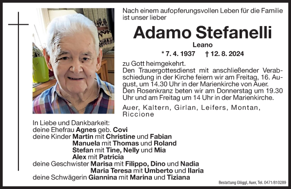 Traueranzeige von Adamo Stefanelli von Dolomiten