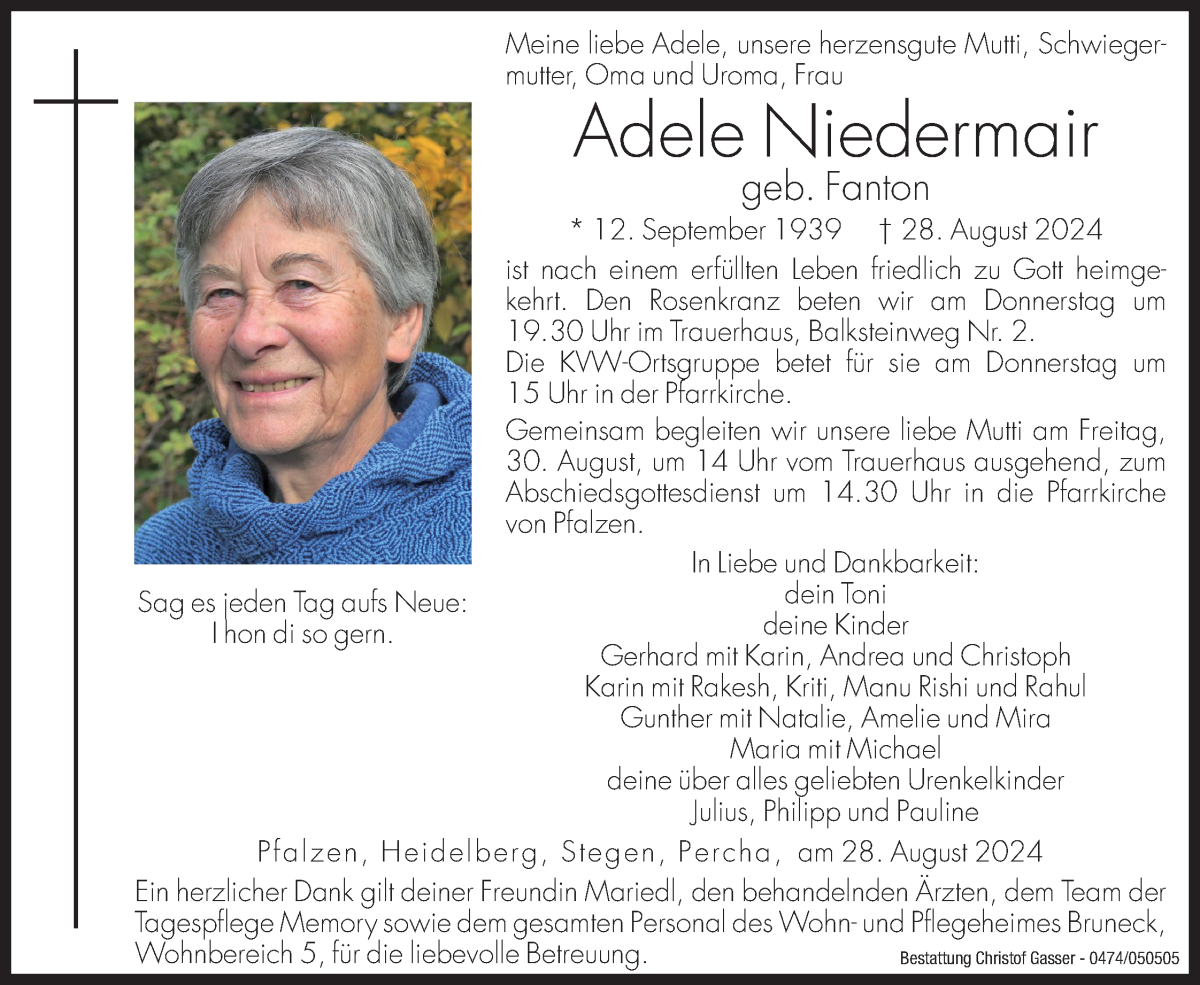  Traueranzeige für Adele Niedermair vom 29.08.2024 aus Dolomiten