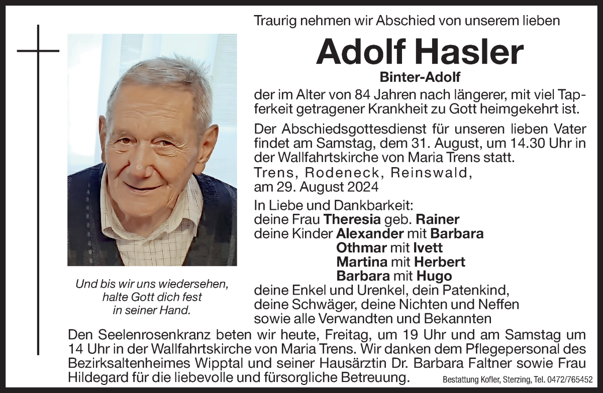  Traueranzeige für Adolf Hasler vom 30.08.2024 aus Dolomiten