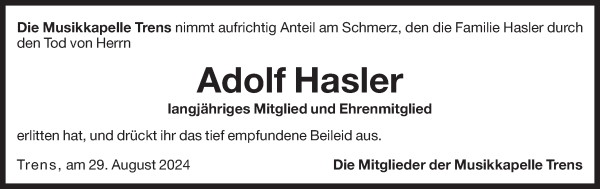 Traueranzeige von Adolf Hasler von Dolomiten