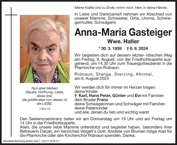 Traueranzeige von Anna-Maria Haller von Dolomiten