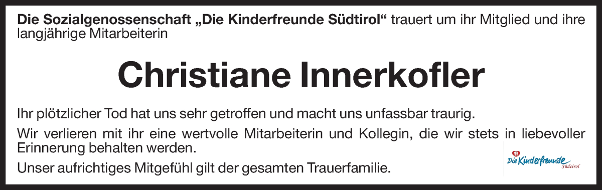  Traueranzeige für Christiane Innerkofler vom 22.08.2024 aus Dolomiten