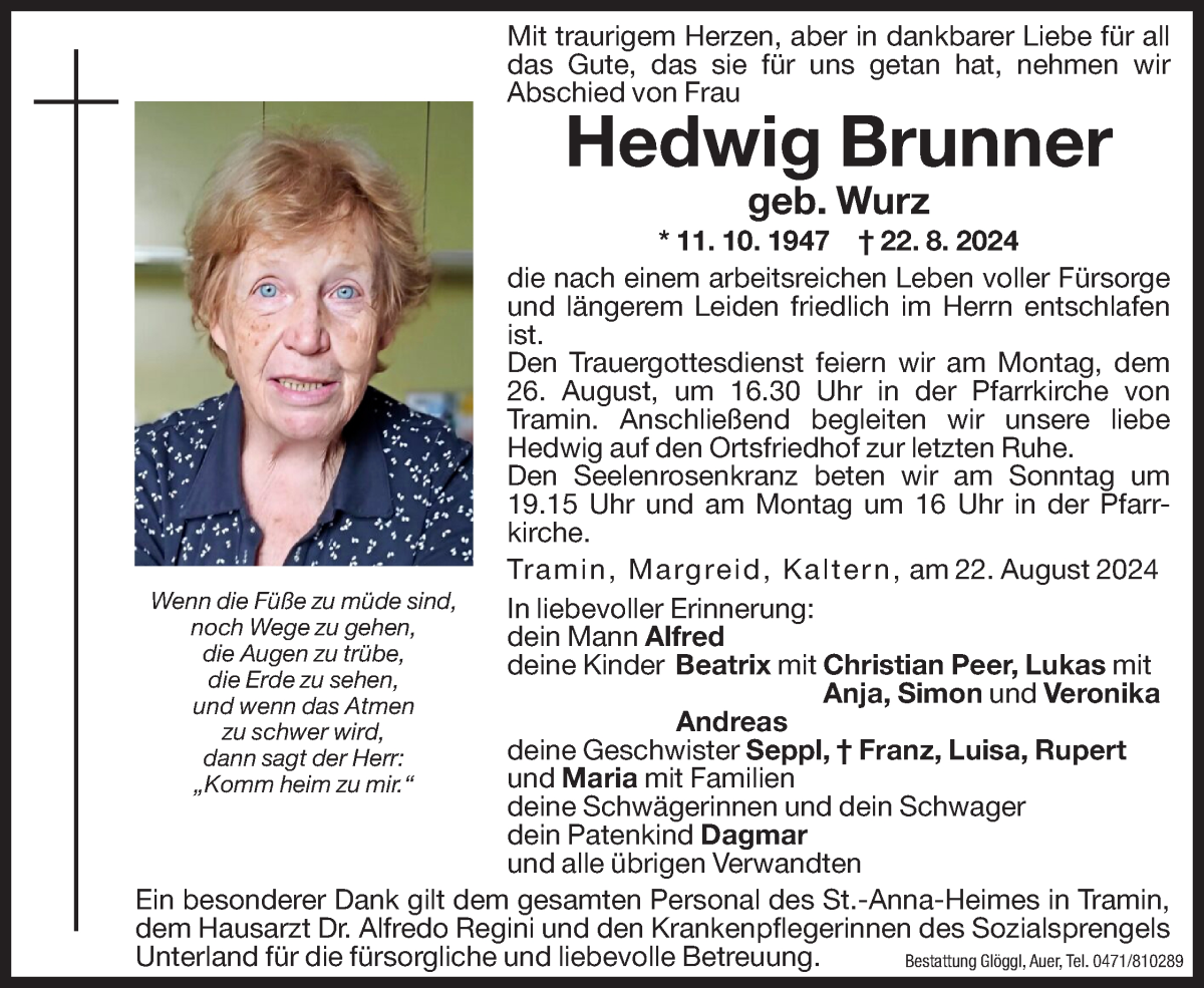  Traueranzeige für Hedwig Brunner vom 24.08.2024 aus Dolomiten