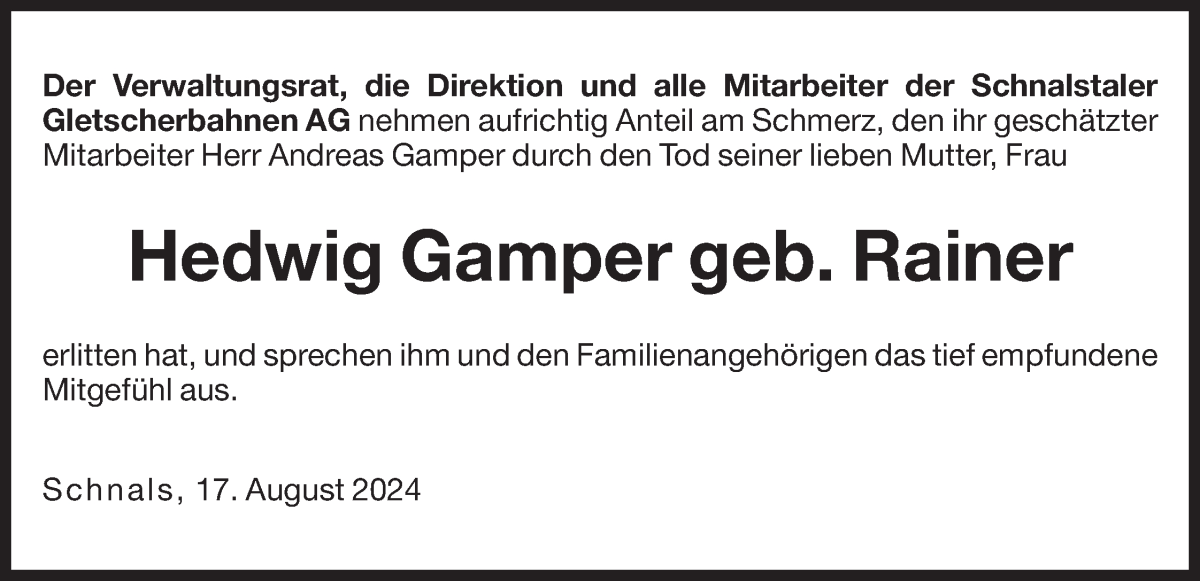  Traueranzeige für Hedwig Gamper vom 17.08.2024 aus Dolomiten