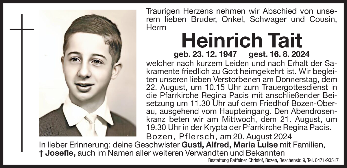  Traueranzeige für Heinrich Tait vom 20.08.2024 aus Dolomiten