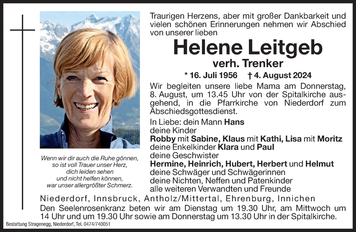  Traueranzeige für Helene Trenker vom 06.08.2024 aus Dolomiten