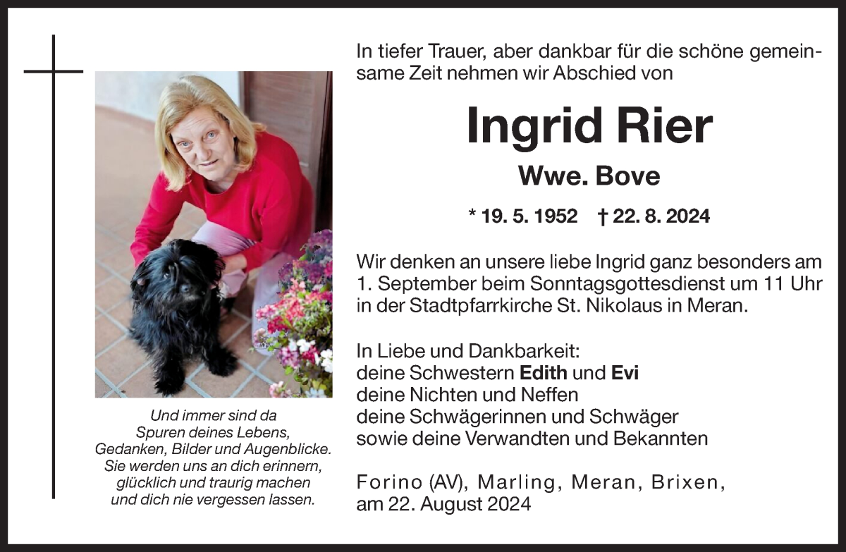  Traueranzeige für Ingrid Bove vom 30.08.2024 aus Dolomiten