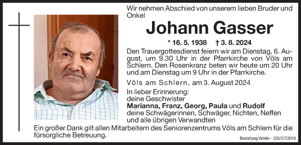 Traueranzeige von Johann Gasser von Dolomiten