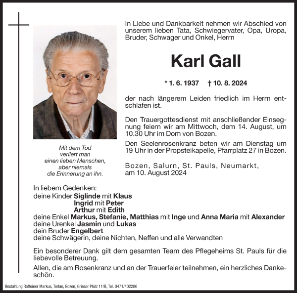 Traueranzeige von Karl Gall von Dolomiten