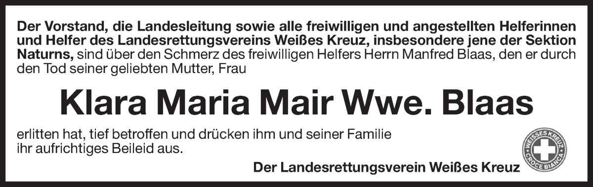  Traueranzeige für Klara Maria Blaas vom 09.08.2024 aus Dolomiten