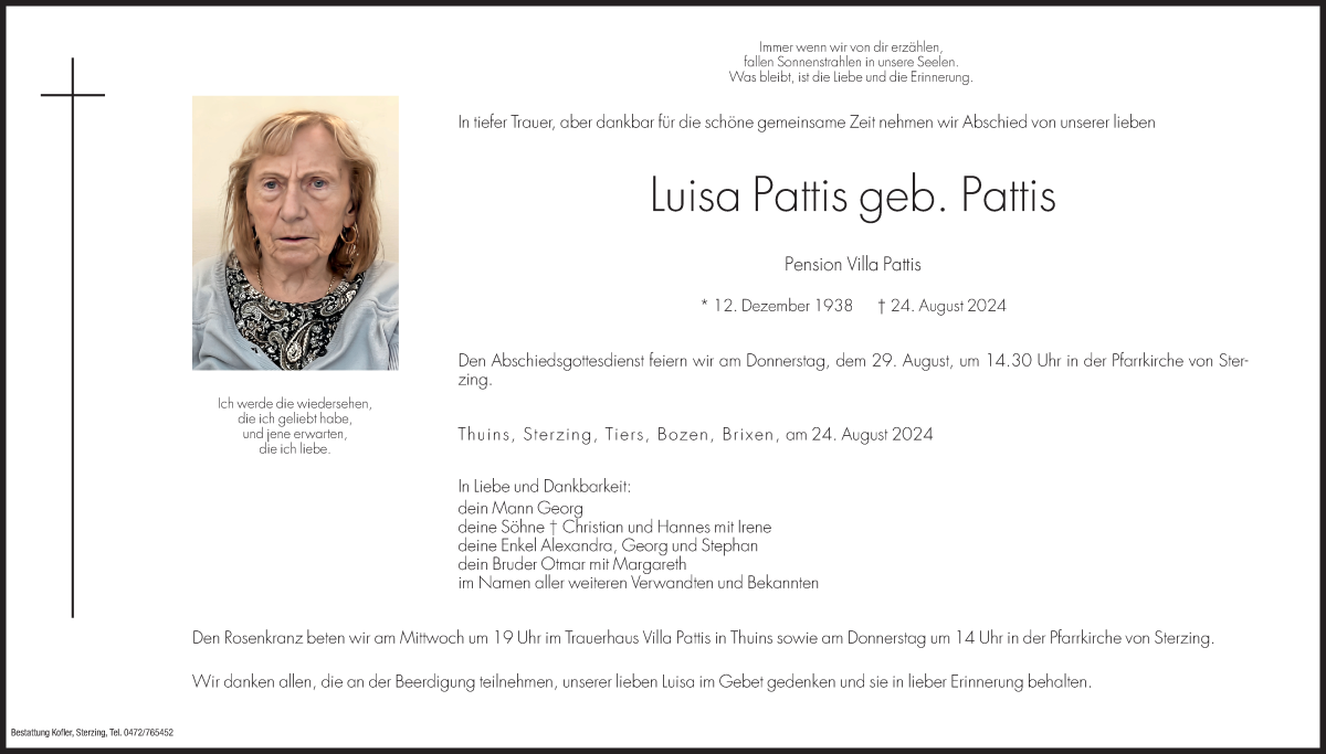  Traueranzeige für Luisa Pattis vom 27.08.2024 aus Dolomiten