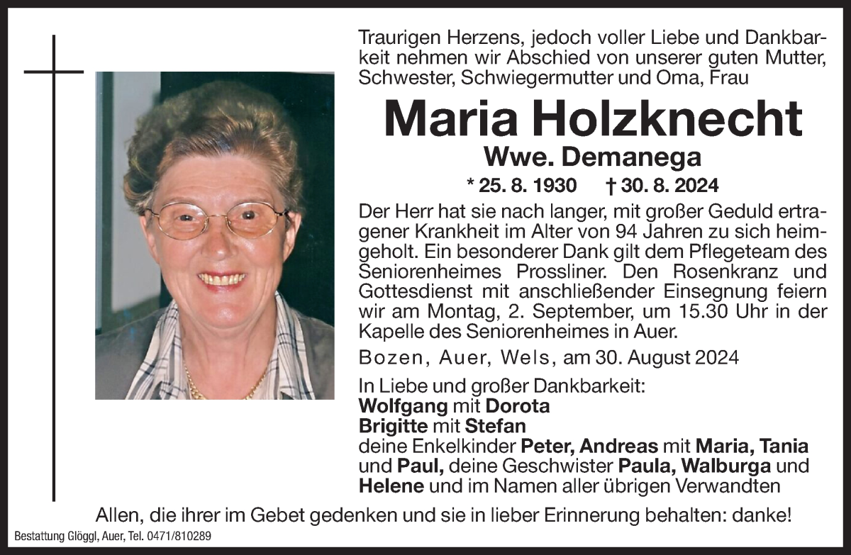  Traueranzeige für Maria Demanega vom 31.08.2024 aus Dolomiten